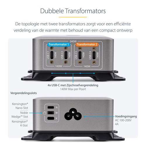 StarTech.com 4-Port Multi-Device USB-C Oplader, Totaal 240W, Single Port 140W EPR, PD 3.1, Poorten met Schroefvergrendeling, Opbouwmontage, Ideaal voor Vergaderzalen