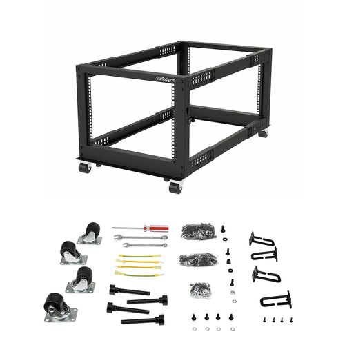 StarTech.com 4-Post 12U Mobiel Open Frame Server Rack, 19" Patchkast met Wielen en 4 Stijlen, Open Serverkast met Verstelbare Diepte voor Computer / AV / Netwerk Apparatuur - Wielen, Stelvoeten of Vloermontage