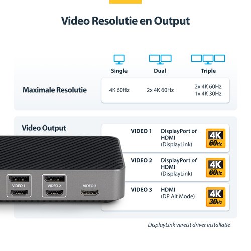 StarTech.com USB-C Triple Monitor Docking Station - HDMI/DP Triple 4k USB-C Dock - 5x USB Hub - GbE - 100W PD - Universeel Multi Monitor Docking Station - Thunderbolt 3/4 Compatibel