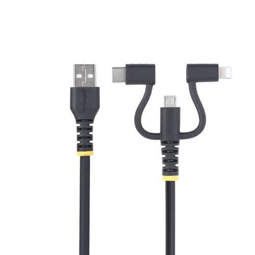 StarTech.com 1m Robuuste USB Multi Oplaadkabel, USB naar Lightning/Micro-USB/Type-C, Apple MFi Gecertificeerd, Aramide Mantel, Universele 3-in-1 USB Laadkabel voor iPhone/iPad/Android