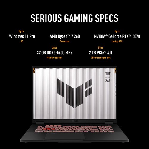 ASUS TUF Gaming A18 FA808UM-S8011W AMD Ryzen™ 7 260 Laptop 45,7 cm (18") WUXGA 32 GB DDR5-SDRAM 1 TB SSD NVIDIA GeForce RTX 5060 Wi-Fi 6E (802.11ax) Windows 11 Home Zwart, Grijs AZERTY Belgisch