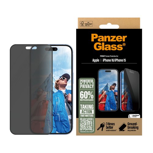 PanzerGlass ® 2-Way Privacy Screen Protector iPhone 16 | 15 | Ultra-Wide Fit w. EasyAligner Doorzichtige schermbeschermer Apple 1 stuk(s)