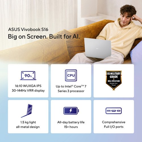 ASUS Vivobook S16 S5652MA-TK134W Intel Core 7 350 Laptop 40,6 cm (16") WUXGA 16 GB LPDDR5x-SDRAM 256 GB SSD Wi-Fi 6 (802.11ax) Windows 11 Home Zilver