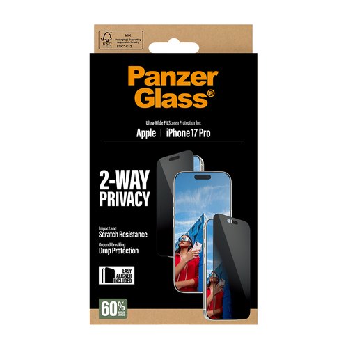 PanzerGlass ® 2-Way Privacy Screen Protector iPhone 17 Pro | Ultra-Wide Fit w. EasyAligner Doorzichtige schermbeschermer Apple 1 stuk(s)