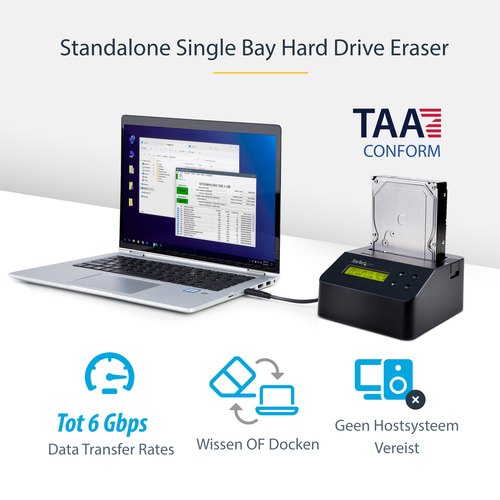 StarTech.com Single Bay Hard Drive Wisser, Standalone HDD/SSD Sanitizer/Eraser, 4Kn, USB 3.0 naar SATA III (6 Gbps), 9 Wismodi, LCD Display, Hard Disk Secure Erase Dock, DB-9 Printer Poort, TAA Compliant
