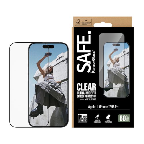 PanzerGlass SAFE. by ® Screen Protector iPhone 17 | 16 Pro | Ultra-Wide Fit w. EasyAligner Doorzichtige schermbeschermer Apple 1 stuk(s)