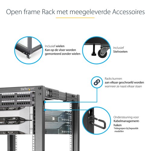 StarTech.com 4-Post 12U Mobiel Open Frame Server Rack, 19" Patchkast met Wielen en 4 Stijlen, Open Serverkast met Verstelbare Diepte voor Computer / AV / Netwerk Apparatuur - Wielen, Stelvoeten of Vloermontage