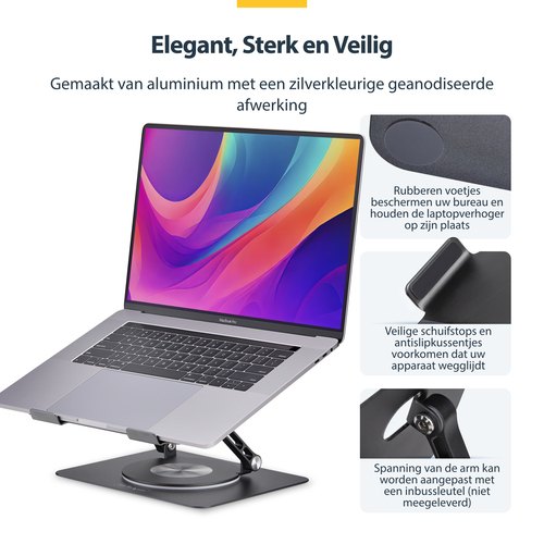 StarTech.com Draaibare Laptopstandaard, 360 Roterende Laptophouder voor Computer, Verhoogd plateau met Verstelbare Kanteling, Max 5kg, Aluminium