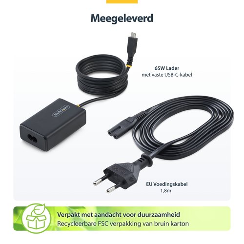 StarTech.com 65W USB-C Laptop Oplader met 1,5m Geïntegreerde USB-C Kabel, Power Adapter Brick voor Dell, XPS, HP ProBook, MacBook Pro, Microsoft Surface Pro
