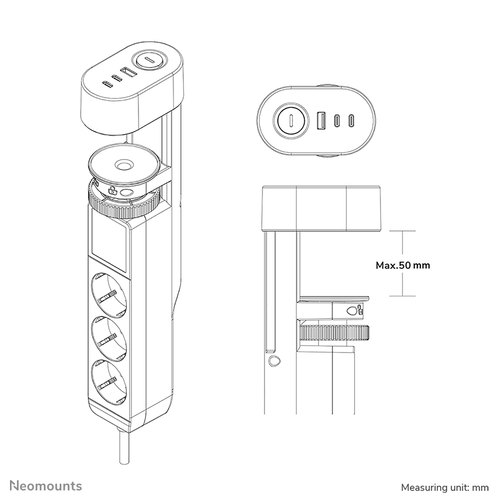 Neomounts DS22-840BL6 Bureaucontactdoos met klem en USB-C en USB-A poorten - Quick-charge