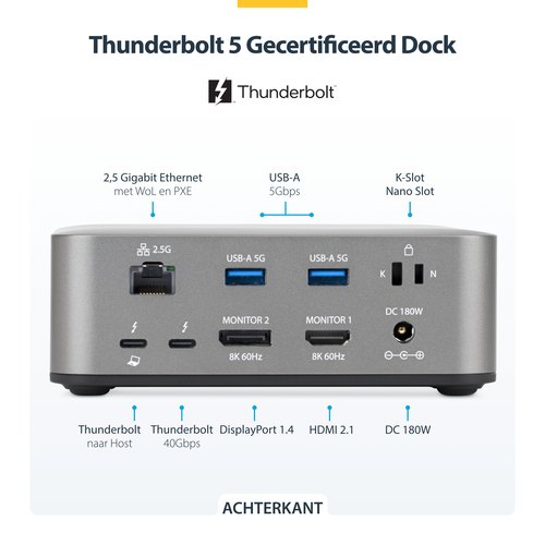 StarTech.com Thunderbolt 5 Universeel Docking Station, Multi-Display Hub, 8K 60Hz of 4K 144Hz, 120Gbps Bandwidth Boost, 140W PD, 30W Phone Charging, USB 10Gbps, 2.5G LAN