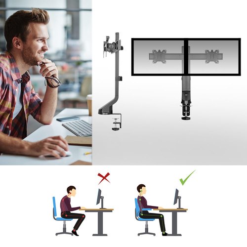 ACT Monitorarm 27" office, crossbar, 2 schermen, eenvoudig in hoogte verstelbaar