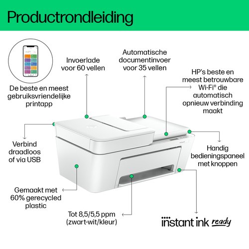 HP DeskJet 4210e Draadloos All-in-One Kleur Printer, Instant Ink; Kopieerapparaat, scanner