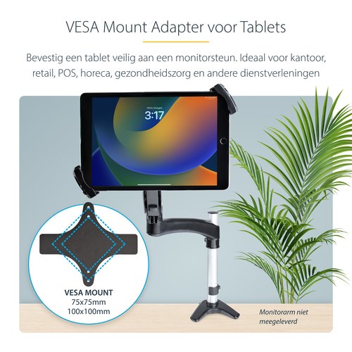 StarTech.com VESA Mount Adapter voor 7,9" tot 12,5" Tablet, Draagvermogen 2kg, 75x75/100x100 VESA Patterns, Universele Anti-Diefstal VESA Tablet Mount Klem, Secure Tablet Mount, Zwart