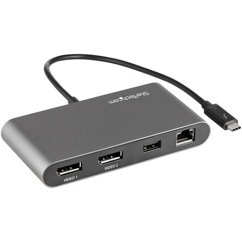 StarTech.com Dual-Monitor Thunderbolt Mini Dock, 4K 60Hz DisplayPort, Driverloze Hub voor Windows & Mac, Gigabit Ethernet, 1x USB-A (USB 5Gbps), 28cm Kabel