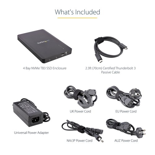 StarTech.com 4 Bay Thunderbolt 3 NVMe Behuizing voor M.2 NVMe SSD Drives, SSD M.2 Enclosure, 1x DisplayPort Video/ 2x TB3 Downstream Poorten, 40Gbps, 72W Power Supply, Externe Harde Schijf Behuizing