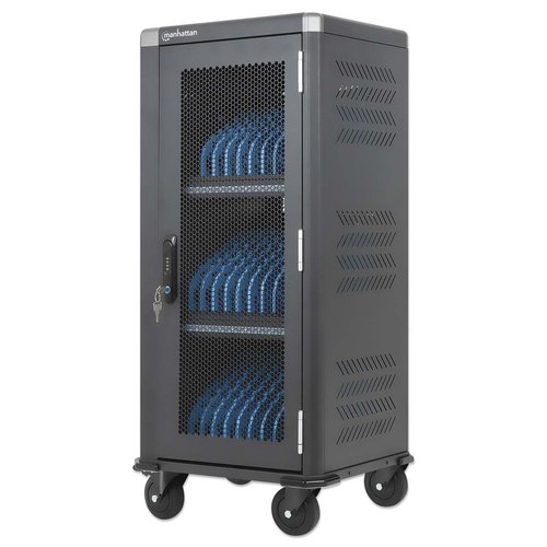 Manhattan USB-C-laadtrolley voor 30 apparaten, 30 W per poort, iPad tot 13", MacBook Air tot 13" en Chromebook tot 14"; ook tablets/smartphones, vakken 404 × 27,6 × 283 mm, USB-C-laadkabels inbegrepen, afsluitbaar