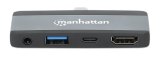 Manhattan USB-C travel dock, HDMI, USB-A, USB-C en 3,5 mm audio, met Power Delivery (PD) 100 W - vereist een externe USB-C-lader (niet inbegrepen). USB-gevoed (geen externe voeding vereist) wanneer PD niet wordt gebruikt