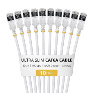 30cm White Ultra Slim Cat6A 10 Pack