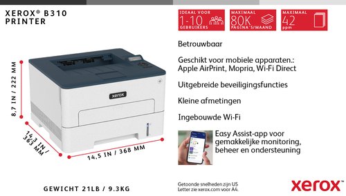 Xerox B310 A4 40 ppm draadloze dubbelzijdige printer PS3 PCL5e/6 2 laden totaal 350 vel