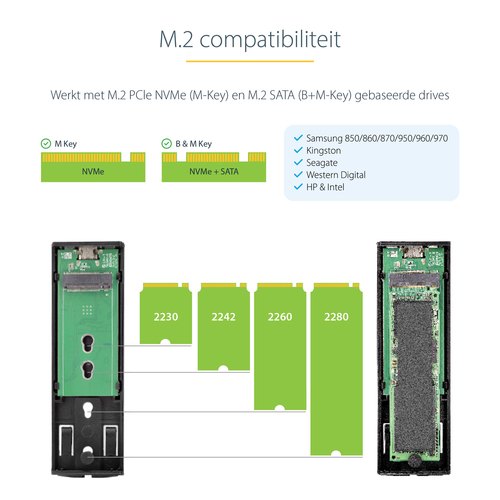 StarTech.com USB-C 10Gbps naar M.2 NVMe or M.2 SATA SSD Behuizing, Gereedschaploze Externe M.2 PCIe/SATA NGFF SSD Aluminum Case, USB Type-C&A Host Kabels, Ondersteunt 2230/2242/2260/2280