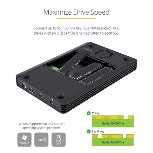 StarTech.com 4 Bay Thunderbolt 3 NVMe Behuizing voor M.2 NVMe SSD Drives, SSD M.2 Enclosure, 1x DisplayPort Video/ 2x TB3 Downstream Poorten, 40Gbps, 72W Power Supply, Externe Harde Schijf Behuizing